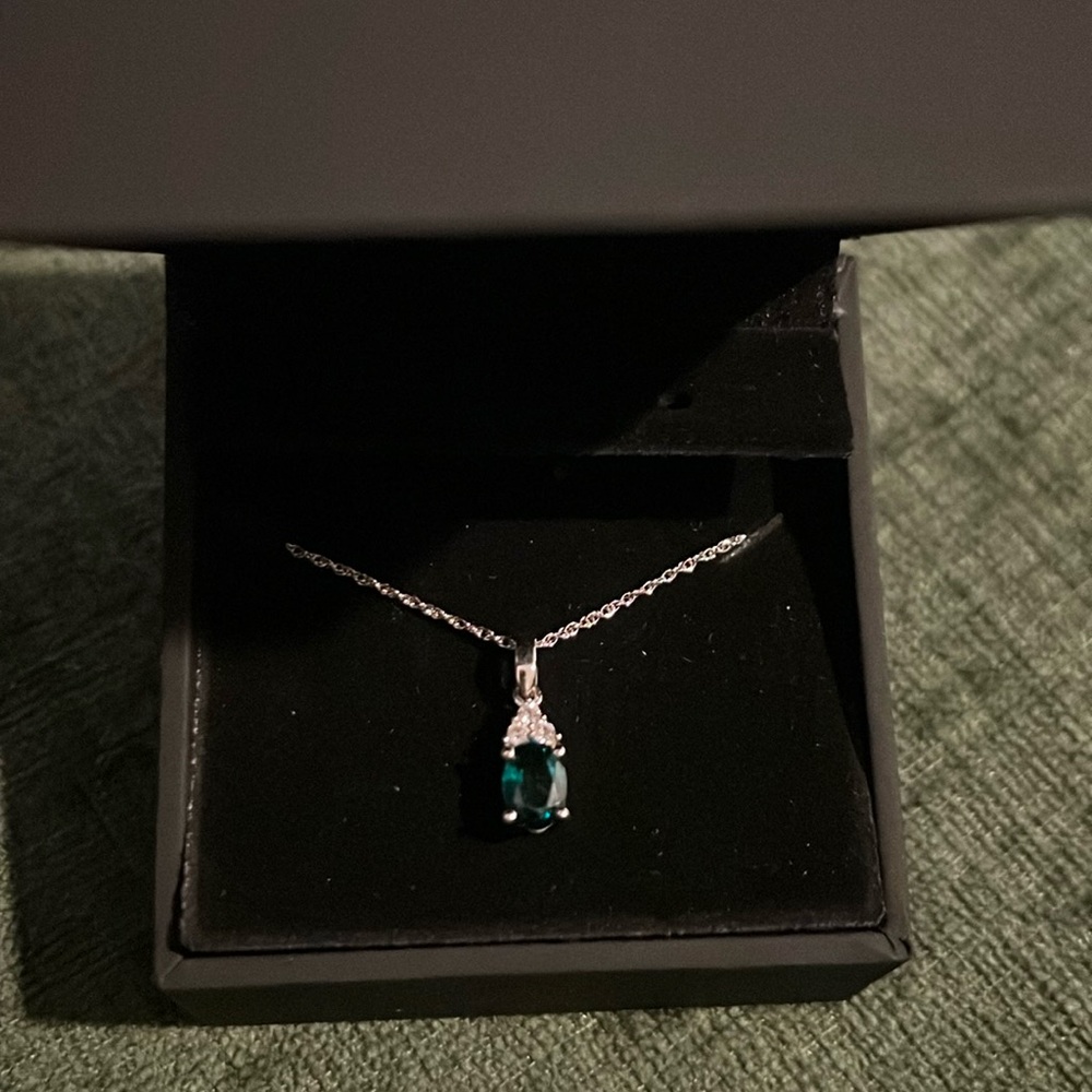 Zales Oval Lab-Created Emerald and White Sapphire Tri-Sides Pendant Necklace
